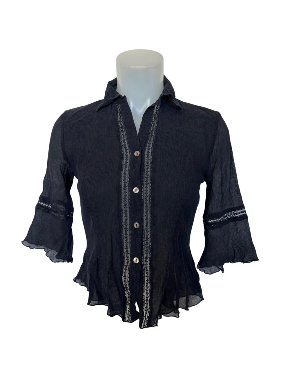 Y2K Sheer Crinkle Lace Cutout Dark Romantic Top Womens Size S? Black Victorian